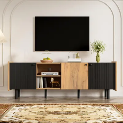 Produktbild von TV-Schrank, Moderner Stil TV-Ständer mit Drei Türen und Zwei Offenen Fächern 160 cm