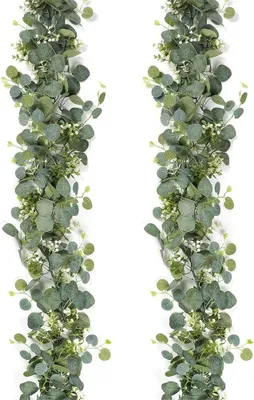 Imagen del producto de Guirnalda de eucalipto artificial con flores blancas, 2 unidades, 1,8 metros de largo, ideal para decorar mesas y bodas