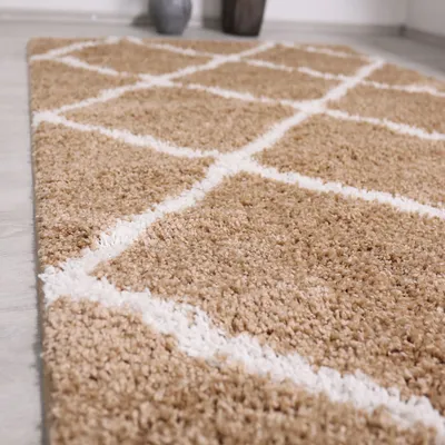 Produktbild von Hochflor Teppich Wohnzimmer Shaggy Rauten Muster Beige Creme Skandinavischer Stil Weich Robust, Maße:80x150 cm