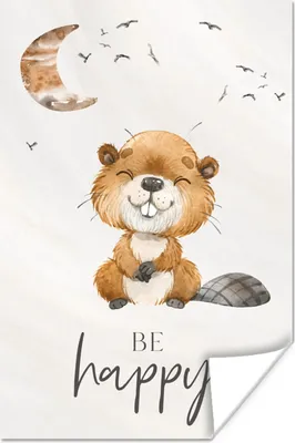 Produktbild von MuchoWow® Poster Zitate - Glücklich sein - Kinder - Mond - Biber - Aquarell 60x90 cm - Wanddekoration