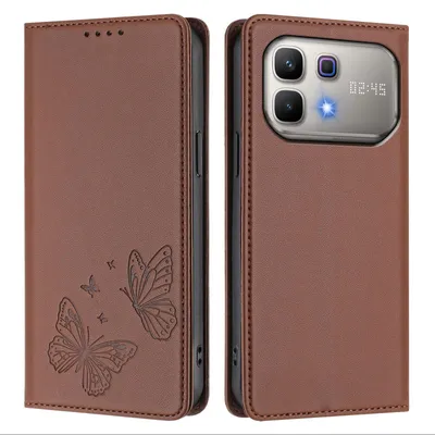 Image de Étui en cuir pour Infinix Note 60 5G, étui de protection type portefeuille en cuir gaufré « papillon » avec support, marron