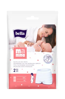 Packaging for postpartum mesh pants with a mother and baby illustration.