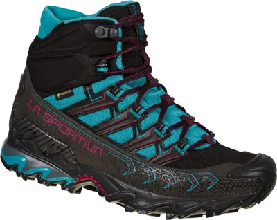 Schwarze und türkisfarbene Wanderschuhe "Ultra Raptor II Mid Woman GTX" von La Sportiva mit hohem Schaft und rutschfester Sohle.