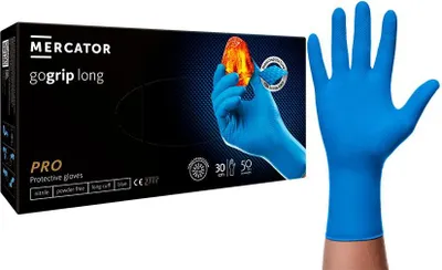 Produktbild von NAJDER MERCATOR GOGRIP Nitrilhandschuhe lang 30 cm Größe S / 50 Stück starker Griff, sehr langlebig, beständig gegen Fett und Öl, für Mechaniker, Lebensmittelarbeiter, blau