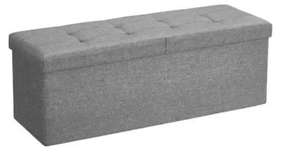 Zdjęcie produktu dla Szara, tapicerowana ławka w stylu Chesterfield z imitacją lnu – wymiary: 110 x 38 x 38 cm
