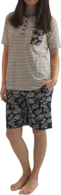Produktbild von Damen Shorty-Pyjama kurzarm, Oberteil gestreift, kurze Shorts Hose mit Blümchenmuster 191 205 90 881 ; creme , 40