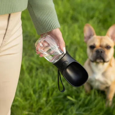 Produktbild von belviona Trinkflasche für Hunde & Katzen, auslaufsicherer Wasserspender mit Einhandbedienung, ideal für Spaziergänge & Reisen, 350 ml schwarz