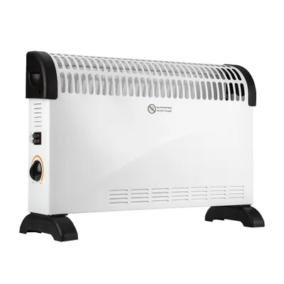 A white electric heater with black accents and feet, shown against a white background.