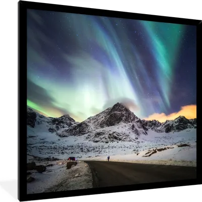 Produktbild von MuchoWow® MuchoWow® Gerahmtes Poster Nordlichter - Schnee - Berge 40x40 cm - Poster mit zchwarzem Bilderrahmen - Mit Rahmen - Wanddekoration Schlafzimmer