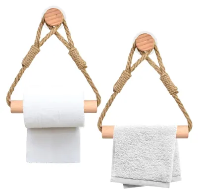 Produktbild von 2er Set Vintage Handtuchhalter aus Seil und Holz, Toilettenpapierhalter ohne Bohren