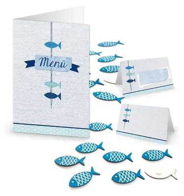 Produktbild von Maritime FISCHE Tisch-Deko Set 53-tlg: 10 blau türkis weiß Menükarte + 25 Tischkarten + 18 kleine FISCH Streuteile Tisch-deko m. Klebepunkt Kommunion Taufe Hochzeit und Geburtstag