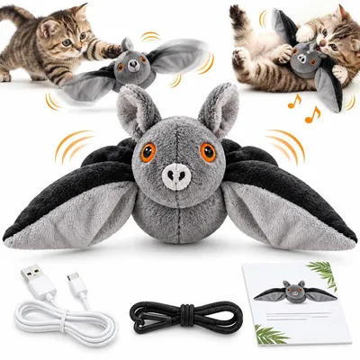 Produktbild von Katzenspielzeug interaktiv, fliegende Fledermaus mit Flügelbewegung und Sound, 3 Modi, Bewegungssensor, USB wiederaufladbar, für Katzen und kleine Hunde