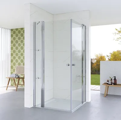 Produktbild von Duschkabine 90x90cm Eckeinstieg Eckdusche mit Doppeltüren Duschabtrennung Duschtür Glastür Schwingtüren an Festteilen Pendeltüren Drehtüren Eckduschwand Glas mit Eckablage Breite wählbar mit Verstellbereich Sicherheitsglas Echtglas Klarglas Einscheiben-Sicherheitsglas (ESG) 5mm