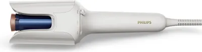 A white hair styling tool with a blue barrel and bronze accents, shown against a white background.
