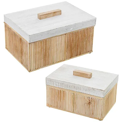 2er-Set rechteckige Holzkisten, Naturholz/Altweiß, 24x17x14 + 20x13x12 cm