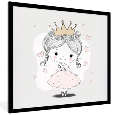 Produktbild von MuchoWow® Gerahmtes Poster Prinzessin - Herzen - Blumen - Krone - Mädchen 40x40 cm - Poster mit Schwarzem Bilderrahmen Wandposter Rahmen Foto Bilder - Mit Rahmen - Wanddekoration Schlafzimmer