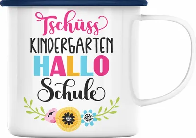 Produktbild von Trendation - Tschüss Kindergarten Hallo Schule Mädchen 2022 Geschenk Emaille Tasse Schulstart 1. Schultag Schuleinführung Schulanfang Geschenkidee 2022 Schulkind Ich Glitzer Jetzt In Der Schule (Blau)
