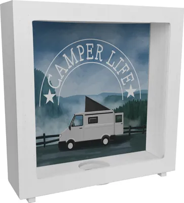 Produktbild von Camper Life mit Campervan Rahmen Spardose aus Holz