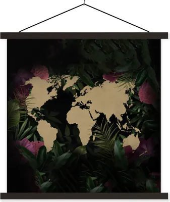 Produktbild von MuchoWow® Textilposter Weltkarte - Braun - Blumen 90x90 cm mit schwarzem Rahmen - Magnetisches