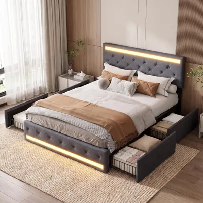 Image de INONEFT, lit double de 180 x 200 cm, lit rembourré, lit avec rangement et quatre tiroirs, équipé d'un éclairage LED et d'une station de charge USB, en lin