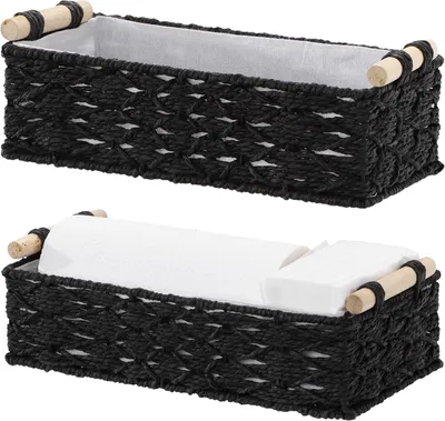 Image de Panier de rangement tissé avec doublure en coton, lot de 2 pièces, noir