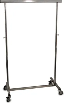 A silver, foldable clothes rack with wheels on a white background.