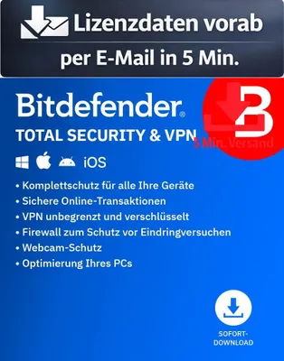 Produktbild von Bitdefender Total Security + VPN (5 Device - 1 Jahr) DACH ESD Antivirus Sicherheit 5 Min. Versand als Download per Mail