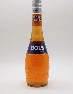 A bottle of Bols Apricot Brandy liqueur against a white background.