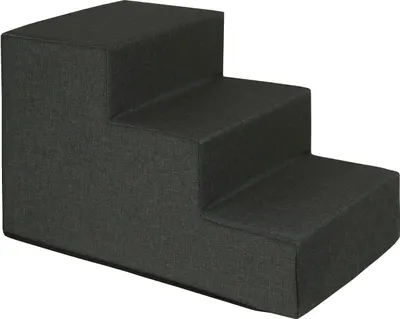 A three-step pet stair made of dark gray fabric.