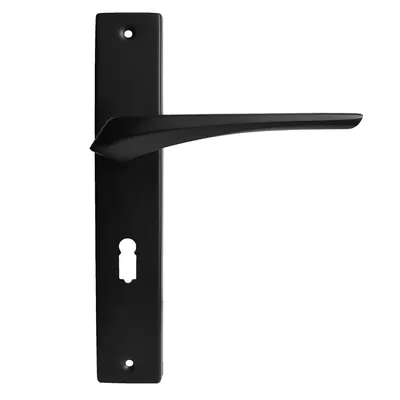A black door handle set with a long plate and a keyhole.