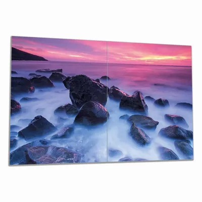 Produktbild von Wallario Herdabdeckplatte aus Glas, Größe 80 x 52 cm 2-teilig, Motiv Felsen im Meer bei Sonnenuntergang