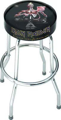 A bar stool with an Iron Maiden design.