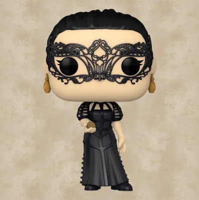 A Funko Pop figurine of Yennefer from The Witcher, standing against a textured background.