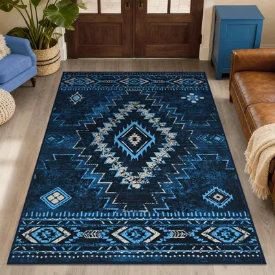 Productafbeelding van Woonkamerkleed, laagpolig, antislip, zacht en wasbaar, vintage geometrisch patroon, geschikt voor slaapkamer, kinderkamer, keuken, hal, blauw, 80 x 150 cm