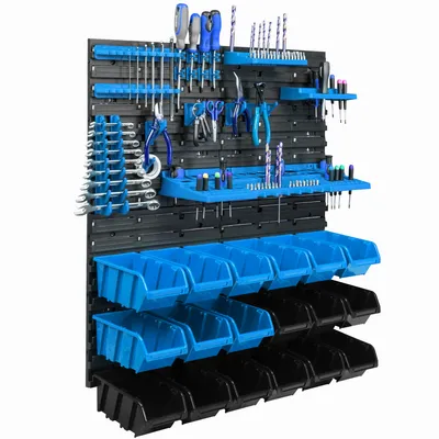 Obrázek produktu pro 18 stohovacích boxů Nástěnná police z plastu 77 x 78 cm Držák na nářadí Dílna Garážový úložný systém Pohledové úložné boxy Žlab
