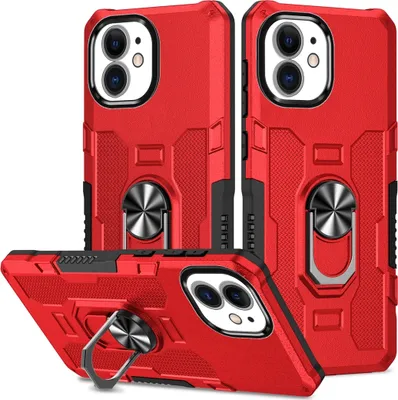 Produktbild von iPhone 12 Pro Hülle, Dual Layer Robuste Rüstung Ringhalter Ständer Schutzhülle für iPhone 12 / iPhone 12 Pro Rot