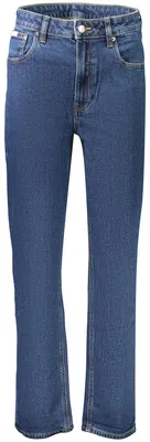 Image de Jean mom bleu pour femme, 5 poches, bouton, fermeture à glissière, logo