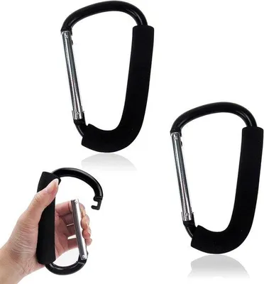 Productafbeelding van Grote Zwarte Metalen Carabiner Haken - 2 Stuks Aluminium Alliage Voor Camping, Winkelen en Handtassen - Ideaal Voor Opslag en Organisatie