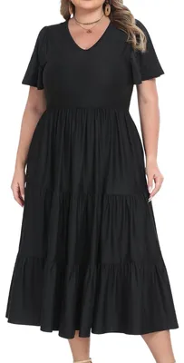 Image de Longue robe ample pour femmes - Décolleté en V avec manches flatteuses et poche