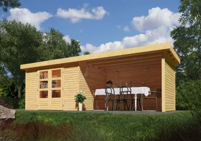 Productafbeelding van Woodfeeling tuinhuis Askola 5, in een set met een uitbouw, 2,80 meter breed, in natuurlijke staat; artikelnummer 77736