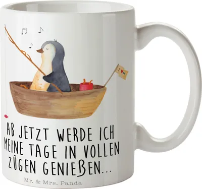 Produktbild von Mr. & Mrs. Panda Tasse Pinguin Angelboot - Weiß - Geschenk, Bedruckte, Boot, Genießen, Trinkbecher, mit Spruch, Optimistisch, Pinguine, Becher, Motivation, Scheidung