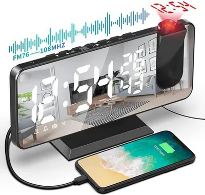 Produktbild von Projektionswecker Radiowecker mit USB-Anschluss Wecker Digital mit Projektion Dual-Alarm 12 / 24H LED-Anzeige 180° Projektor 4 Projektionshelligkeit für Schlafzimmer Büro