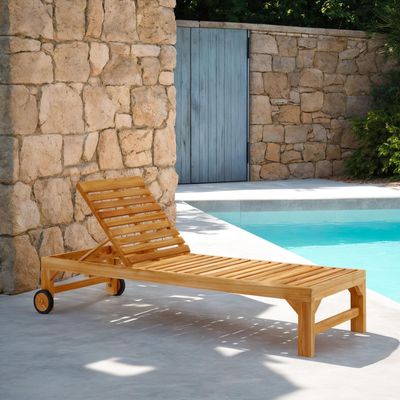 Sonnenliege GRANADA mit Rollen Teak Natur aus massivem Teakholz verstellbarer Rücken Gartenliege aus Holz Teakholz Gartenmöbel