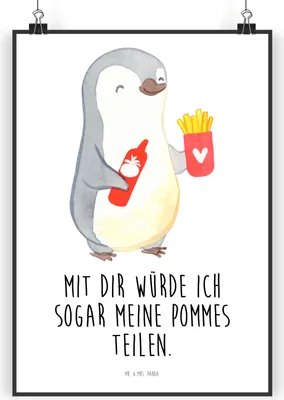 Produktbild von Mr. & Mrs. Panda Bild Pinguin Pommes DIN A4 - Weiß - Geschenk, Freund, Liebesbeweis, Valentinstag, wanddeko, Wandbild, Freundin, Kunstdruck, für, Plakat, Frauen, drucke