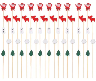 Image de Brochettes pour cocktails, Noël, 100 pièces, en bois, motif renne et sapin de Noël, couleur rouge, 13 cm