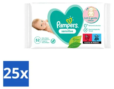Productafbeelding van 25 x Pampers Sensitive babydoekjes - 52 stuks - Voordeelverpakking - 25 stuks