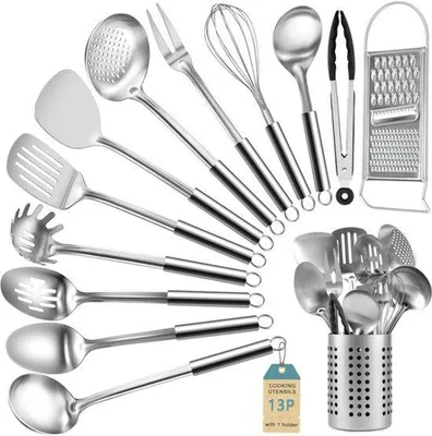 Produktbild von Ein 13-teiliges Kochgeschirr-Set aus Edelstahl, hitzebeständig, ein Set aus Kochlöffeln mit Antihaftbeschichtung, spülmaschinenfest