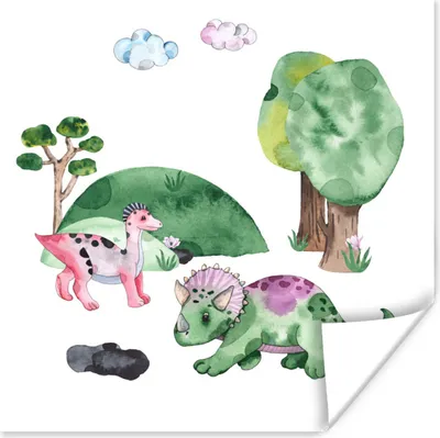 Produktbild von MuchoWow® Poster Kinderzimmer - Dinosaurier - Weiß - Jungen - Mädchen - Kinder 50x50 cm - Wohnzimmerdekoration
