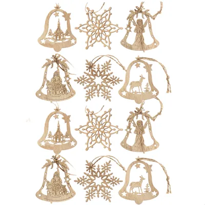 Produktbild von com-four® 12x Tannenbaumschmuck Holz-Anhänger Set - Weihnachtsbaumschmuck zum Dekorieren - Christbaumschmuck in Glockenform und im Schneeflocken-Design