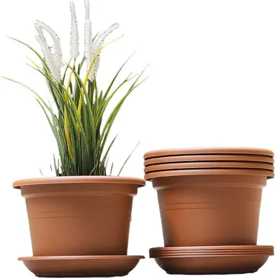 Produktbild von 4er Set Pflanzgefäße 15cm Terrakotta mit Untersetzer aus Kunststoff